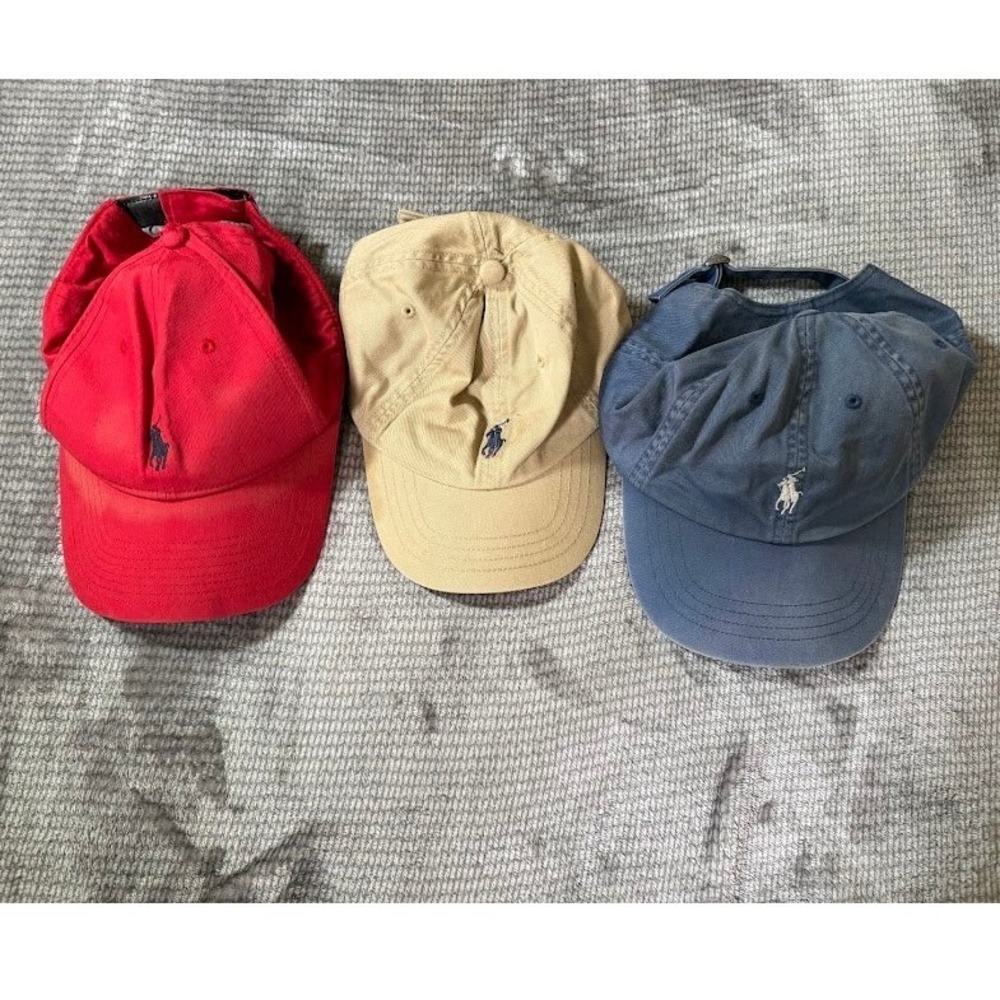 Lot of 3 Polo Ralph Lauren Baseball Caps Red Tan Blue Adjustable Pony Logo Hat